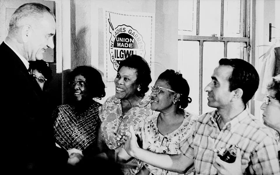 Lyndon B. Johnson - Title: ILGWU workers meet Lyndon B. Johnson
Date: Unknown
Photographer: Unknown
Photo ID: 5780PB15F11C