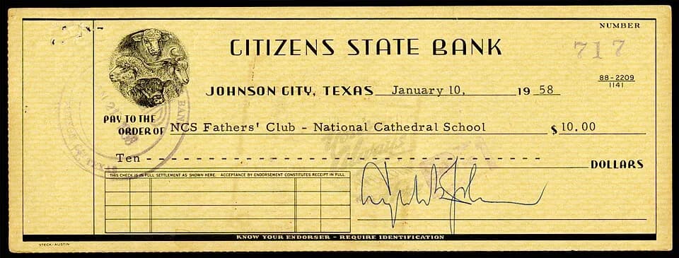 Lyndon B. Johnson - A signed check by Lyndon B. Johnson (36th President of the United States) while Senate Majority Leader, US Senator, Texas.