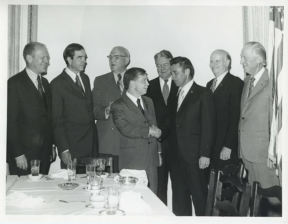 Gerald Ford - Black and white photograph print of Gerald R. Ford, George Mahon, Carl Albert, Hale Boggs, Robert L.F. Sikes, and Les Arends with others.