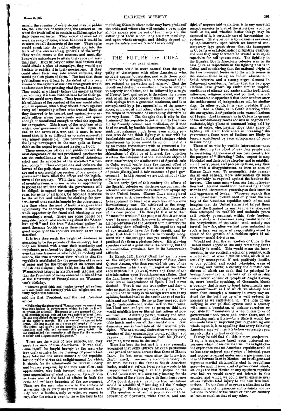 John Quincy Adams - Scan of a page from Harper's Weekly containing an editorial by Carl Schurz: The Future of Cuba, 1898-03-26, p. 291.