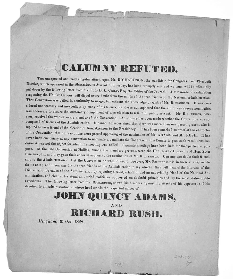 John Quincy Adams - Photograph of work entitled Calumny Refuted, "the unexpected and very singular attack upon Mr. Richardson, the candidate for Congress from Plymouth District, which appeared in the 