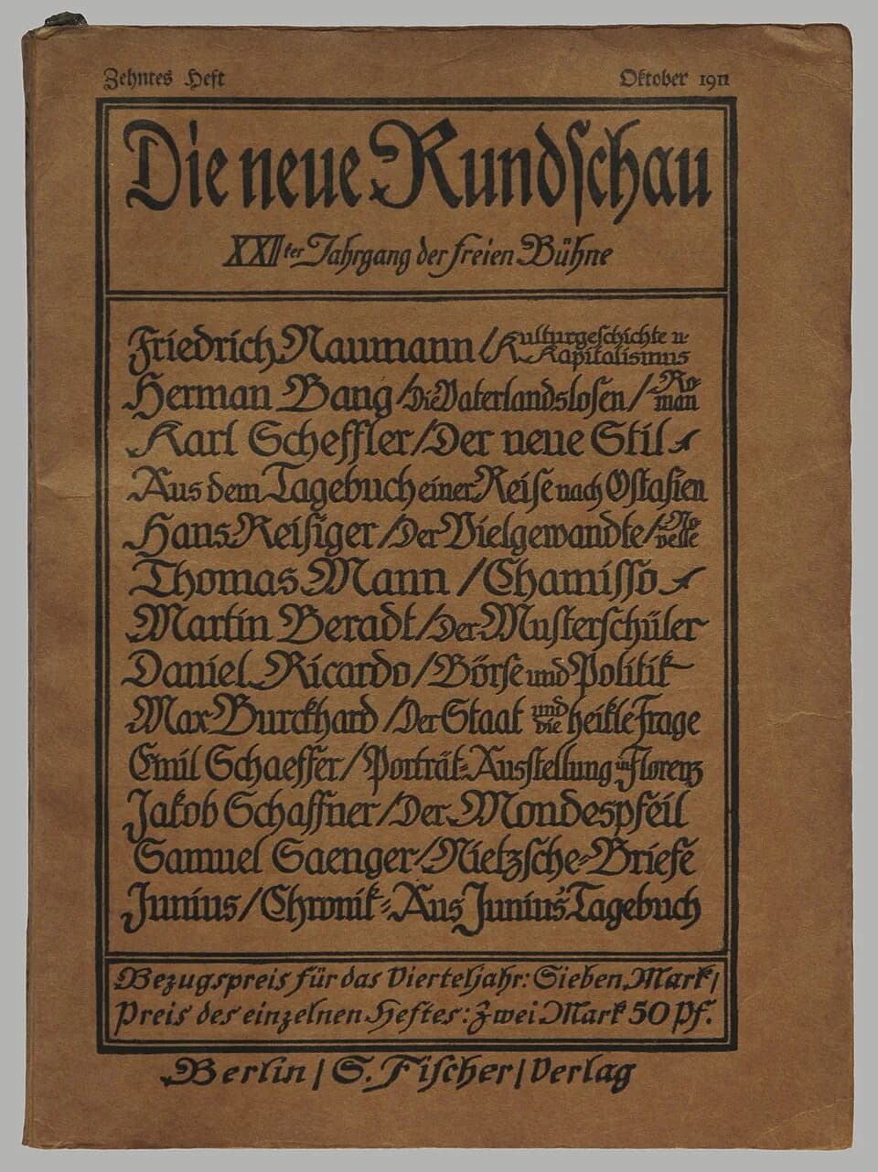 Thomas Mann - Thomas Mann: Chamisso [Essay]. In: Die neue Rundschau 1911 (Verlag S. Fischer Berlin)
Sammlung H.-P.Haack, Foto H.-P.Haack.