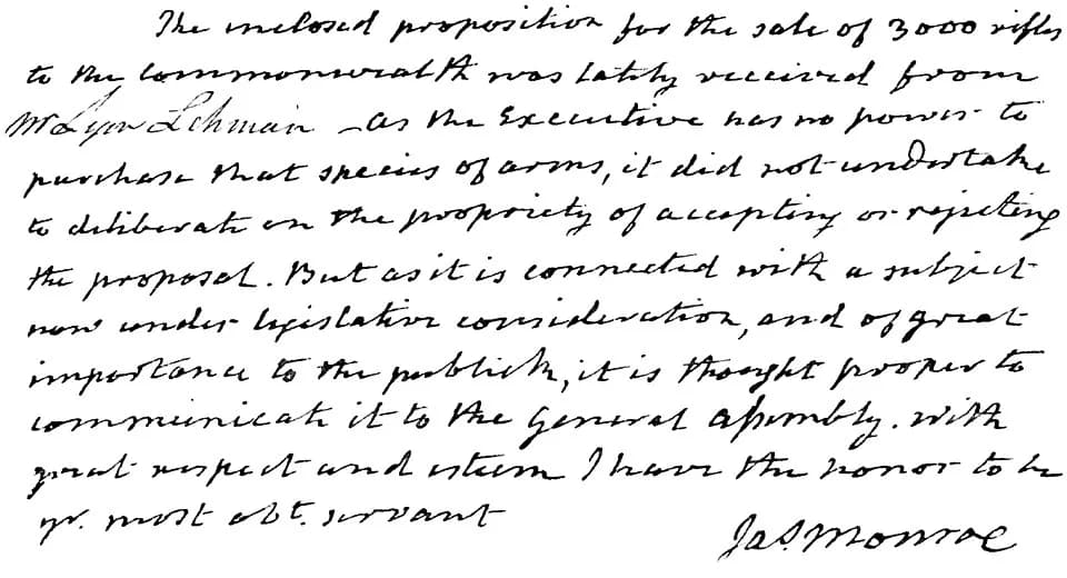 James Monroe - Facsimile of letter from United States President James Monroe to the General Assembly of Virginia