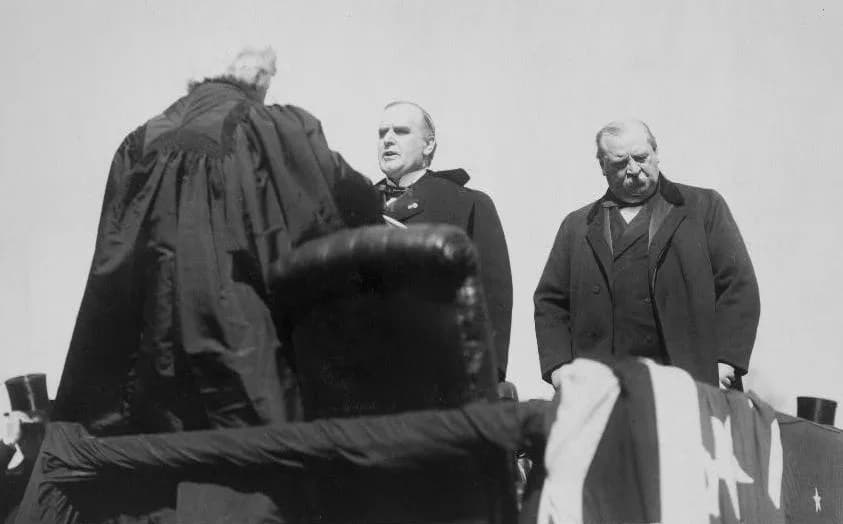 Grover Cleveland - U.S. Chief Justice Melville Fuller administering the oath of office for President of the United States to William McKinley,1897. Out-going president Grover Cleveland stands to the r