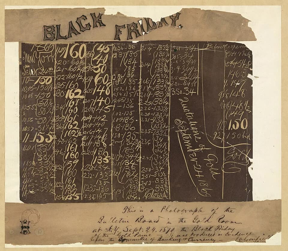 James A. Garfield - Photograph of the black board in the New York Gold Room, September 24, 1869, showing the collapse of the price of gold. Handwritten caption by James A. Garfield indicates it was us