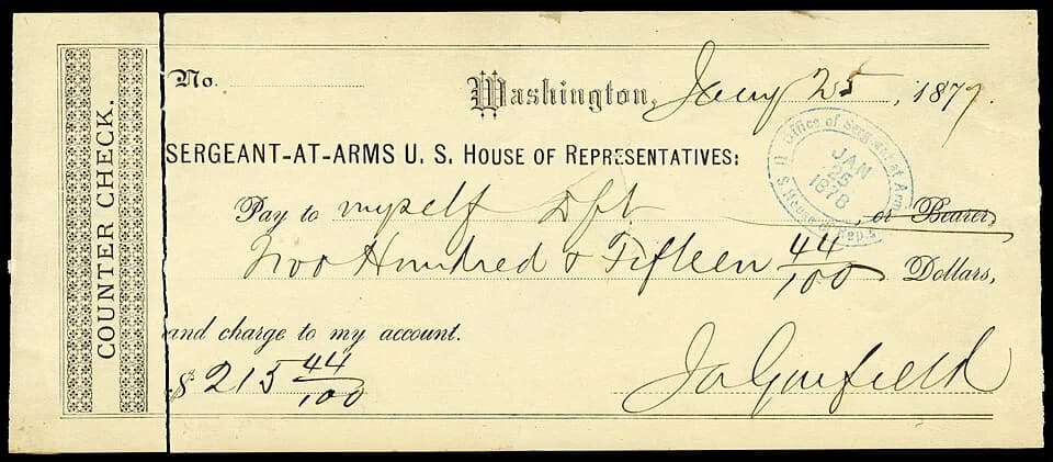 James A. Garfield - A signed check by James A. Garfield (20th President of the United States) while serving as a US Representative from Ohio.