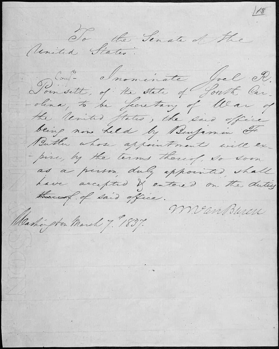 Martin Van Buren - Message of President Martin Van Buren nominating Joel R. Poinsett to be Secretary of War, 03-07-1837 - NARA - 306300.jpg
