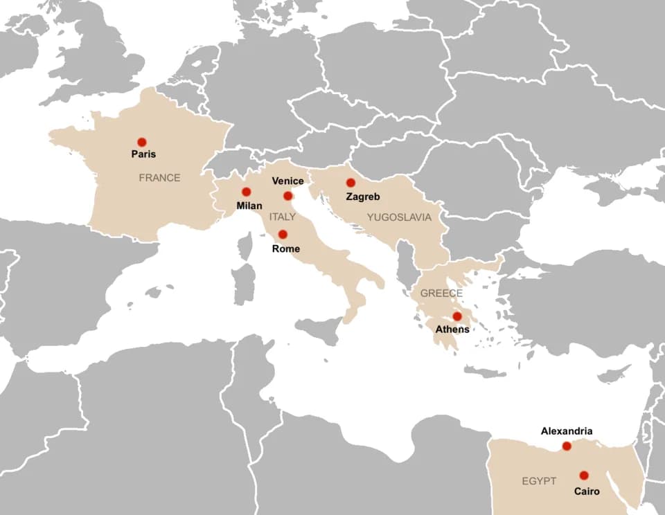Maya Angelou - A map of European and Egyptian locations visited during by Maya Angelou to perform Porgy &amp; Bess, as described in her third autobiographical volume w:Singin' and Swingin' and Gettin'