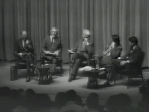 Carl Sagan - Writers Arthur C. Clarke and Ray Bradbury, journalist Walter Sullivan, and scientists Carl Sagan and Bruce Murray during a Caltech symposium on the eve of Mariner 9's orbit around Mars on