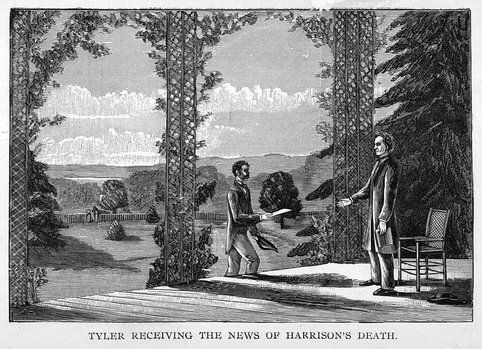 John Tyler - Scene of messenger, with letter in hand announcing death of President Harrison, approaching Vice President Tyler on the porch of his home in Williamsburg, Virginia.