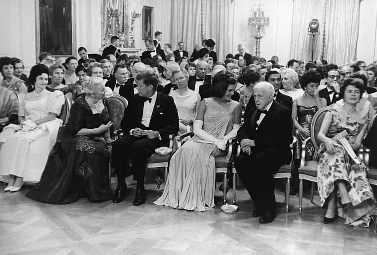 Pearl S. Buck - President John F. Kennedy and others gather in the East Room to attend a reading by actor, Frederic March, of excerpts from the works of late American Nobel Prize winners during a dinn