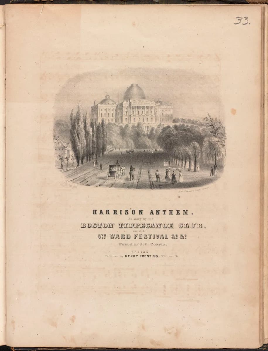 William Henry Harrison - Accession No.: 07_07_000085
Call Number: no. 33 of S.P.39
Lithographer: Thayer, Benjamin W.
Title of Lithograph: National Capitol at Washington D.C.
Composer: no composer
Titl