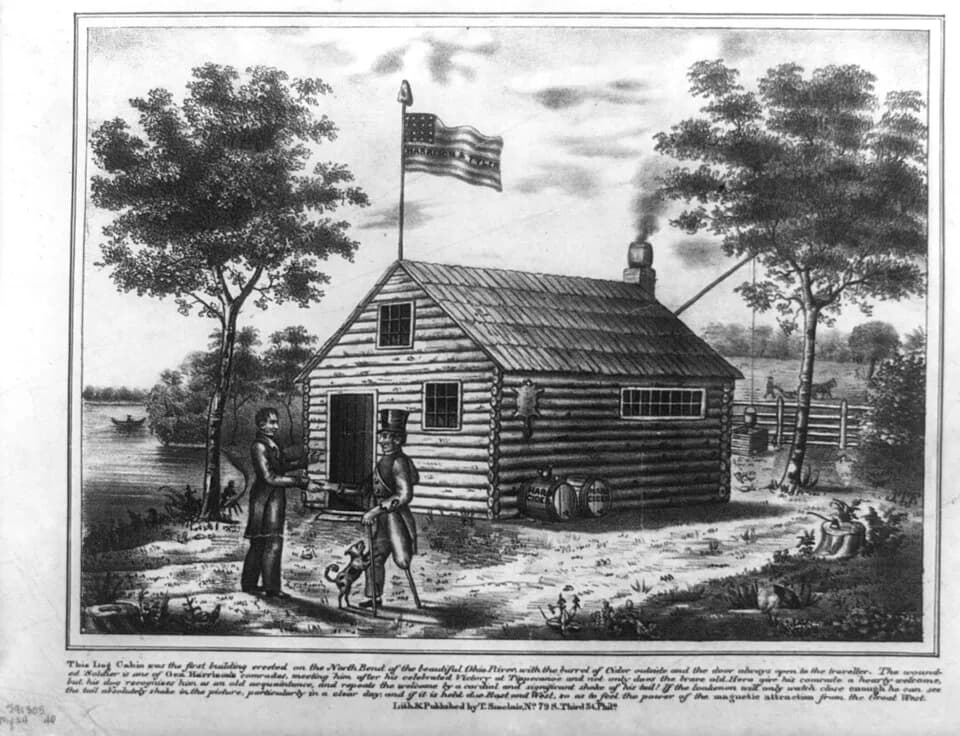 William Henry Harrison - lithograph print, 25.4 x 30 cm. description from Library of Congress: A Whig campaign print, showing William Henry Harrison greeting a wounded veteran before a log cabin by a 