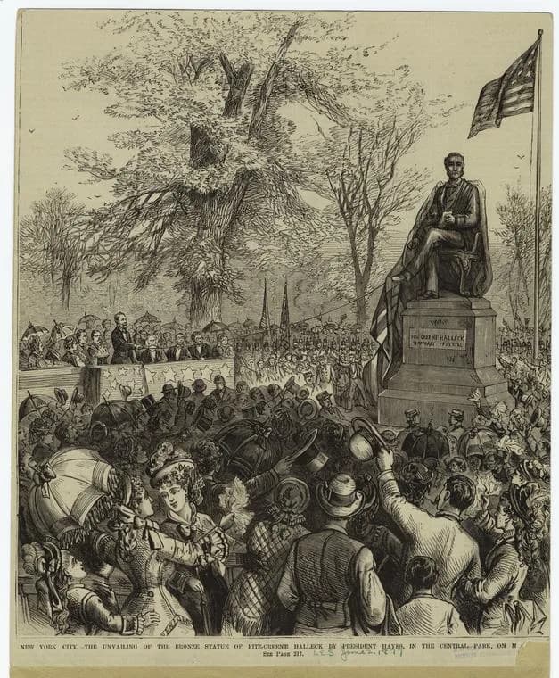 Rutherford B. Hayes - Illustration of the unveiling of a statue of American poet Fitz-Greene Halleck in New York City, 1877. Original caption: "The unvailing {sic) of the bronze statue of Fitz-Greene