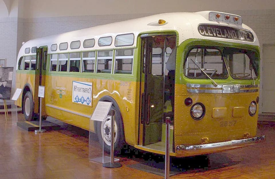 Rosa Parks - The Montgomery City Lines bus that sparked the Montgomery bus boycott, on display at the Henry Ford Museum in Dearborn, Michigan