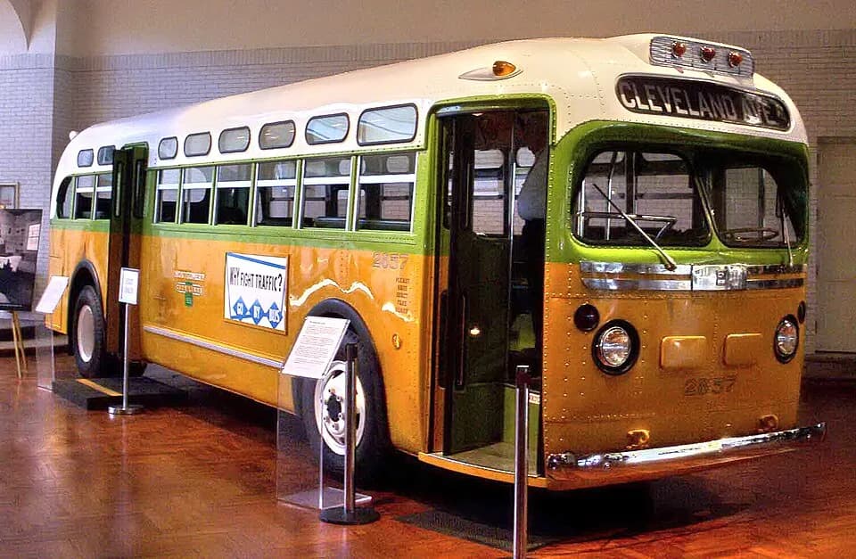 Rosa Parks - The bus on which en:Rosa Parks refused to give up her seat sparking the en:Montgomery Bus Boycott, a U.S. en:civil rights landmark.