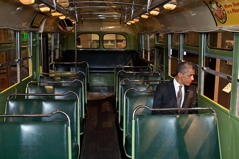 Rosa Parks - President Barack Obama sits in the famous Rosa Parks bus at the Henry Ford Museum after an event in Dearborn, Michigan, April 18, 2012. Parks was arrested sitting in the same row Obama is