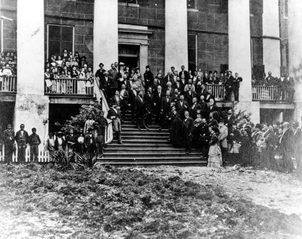 Harriet Beecher Stowe - *Description: Florida Governor Marcellus Stearns, his cabinet, and staff greet Harriet Beecher Stowe on the steps of the Capitol Building. Stowe is on the sixth step on the rig