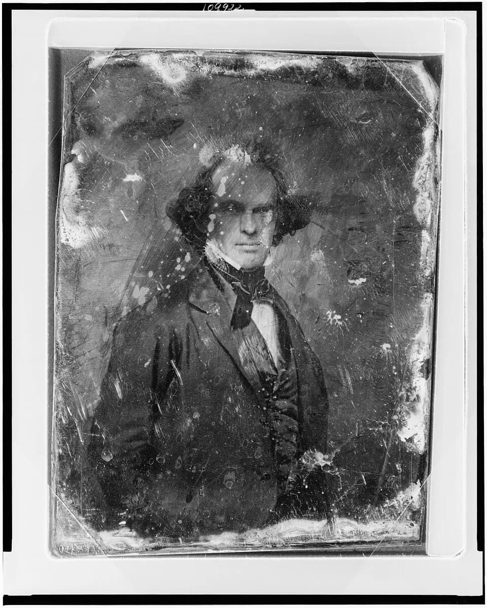 Nathaniel Hawthorne - Half-length daguerreotype portrait of writer Nathaniel Hawthorne, three quarters to right, eyes front. Daguerreotype Collection of The Library of Congress, Washington, D. C.