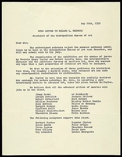 Jackson Pollock - The statement, entitled OPEN LETTER TO ROLAND L. REDMOND, dated May 20, 1950, appeared on the front page of the Times of May 22, 1950. American abstract artists who put name to an op