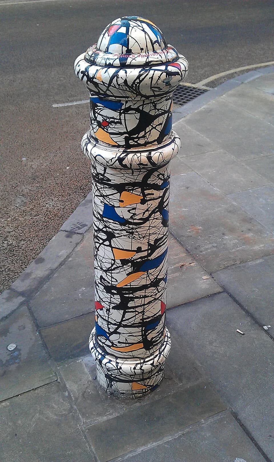 Jackson Pollock - A bollard in Winchester, England, painted in the style of Summertime by Jackson Pollock. This is one of a series, on the corner of Great Minster Street and The Square, painted by htt