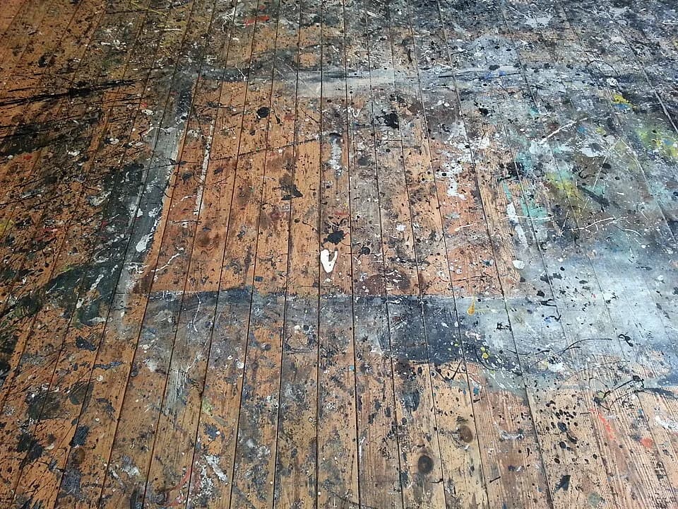 Jackson Pollock - Studio floor used by Jackson Pollock at the Pollock-Krasner House and Study Center in Springs, New York. The studio is in an old barn behind the house. Pollock had the building moved