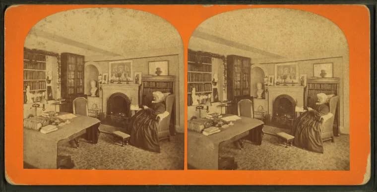 Louisa May Alcott - View showing Louisa Alcott's mother in her parlor, from Robert N. Dennis collection of stereoscopic views.jpg