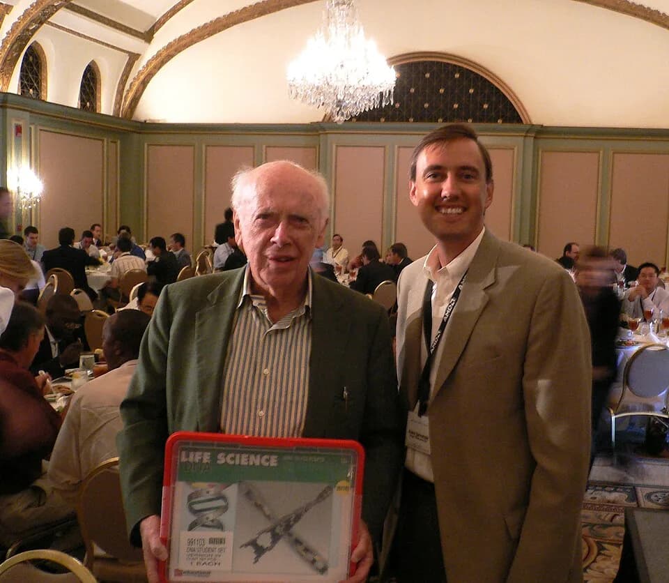 James Watson - I had the great honor to have lunch with James Watson. I will try to collect some of the especially spunky gems to share on a later post.
Here you see as the proud new owner of a LEGO