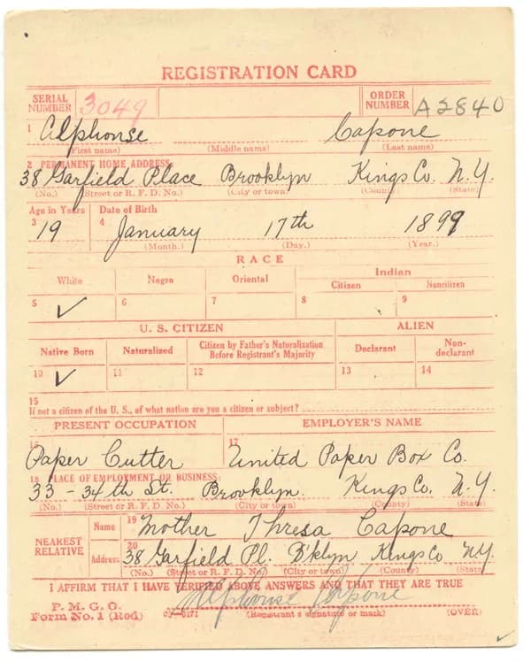 Al Capone - Alphonse "Al" Capone's WW1 draftcard.