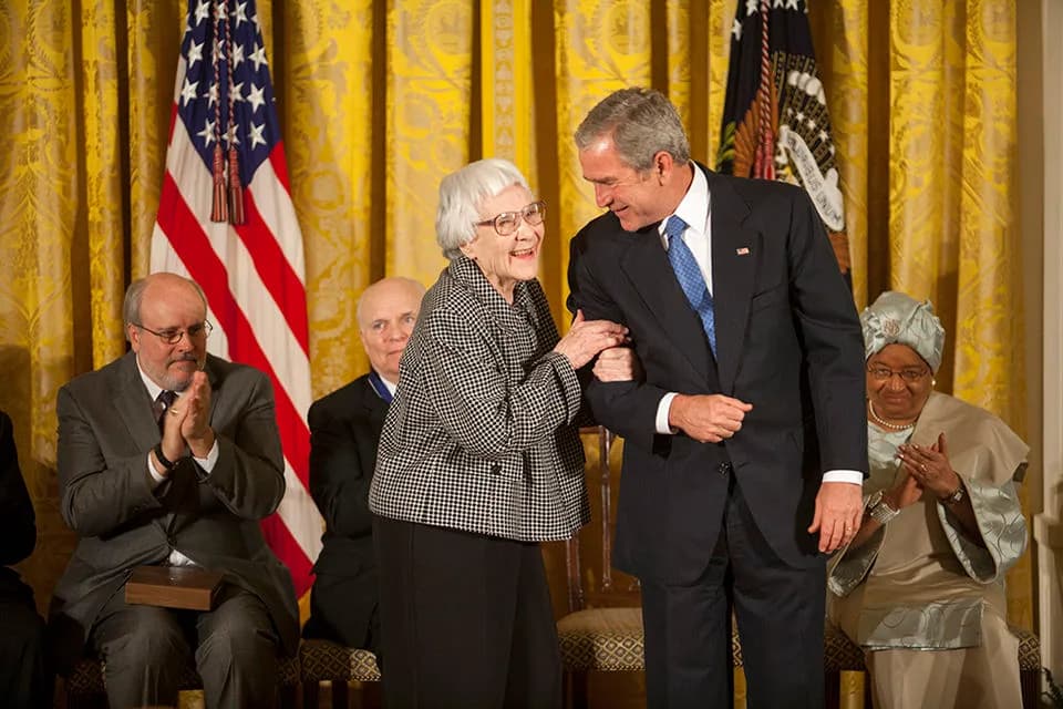 Harper Lee - President George W. Bush awards the Presidential Medal of Freedom to author Harper Lee during a ceremony Monday, Nov. 5, 2007, in the East Room. "To Kill a Mockingbird has influenced the