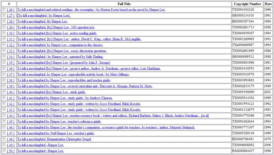 Harper Lee - Screen shot of the search results for "harper AND lee AND mockingbird" (command keyword search) in the copyright records from the United States Copyright Office website.