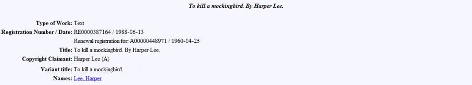 Harper Lee - Screen shot of the details for the renewal registration of To Kill a Mockingbird in the copyright records from the United States Copyright Office website. Registration number: RE000038716