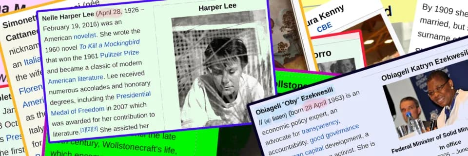 Harper Lee - These were created for the #WikiWomenInRed Twitter feed. Based on en:wiki screen grabs