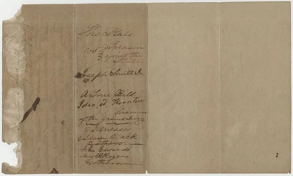 Joseph Smith - Contemporary copy of the Daviess County, Missouri, Circuit Court's indictment of Joseph Smith, Jr., charging him with treason. The charges derived from Smith's actions in the 1838 Mormo