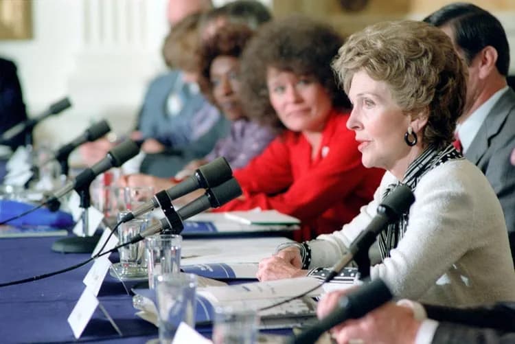 Nancy Reagan - "Nancy Reagan makes remarks in the East Room during the White House Conference on Drug Abuse and Families. 3/22/82." Photo caption is from a Nancy Reagan page on the Ronald Reagan Presi