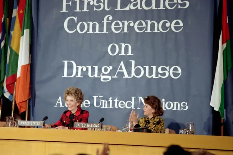 Nancy Reagan - "Nancy Reagan speaking at the United Nations First Ladies Conference on Drug Abuse. 10/21/85." Photo caption is from a Nancy Reagan page on the Ronald Reagan Presidential Library websit