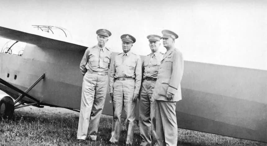 George Marshall - High Command, Left to right: Gen. George C. Marshall, Lt. Gen. Frank M. Andrews, Lt. Gen. Henry H. Arnold, Maj. Gen. Oliver P. Echols. (Witness mock Glider attack on Wright Field) - 