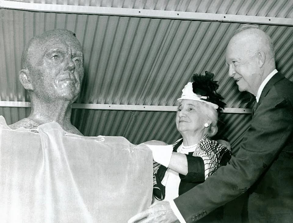 George Marshall - President Dwight D. Eisenhower and Mrs. George C. Marshall unveil the bronze bust of General George C. Marshall during the dedication ceremony of the Marshall Space Flight Center (MS