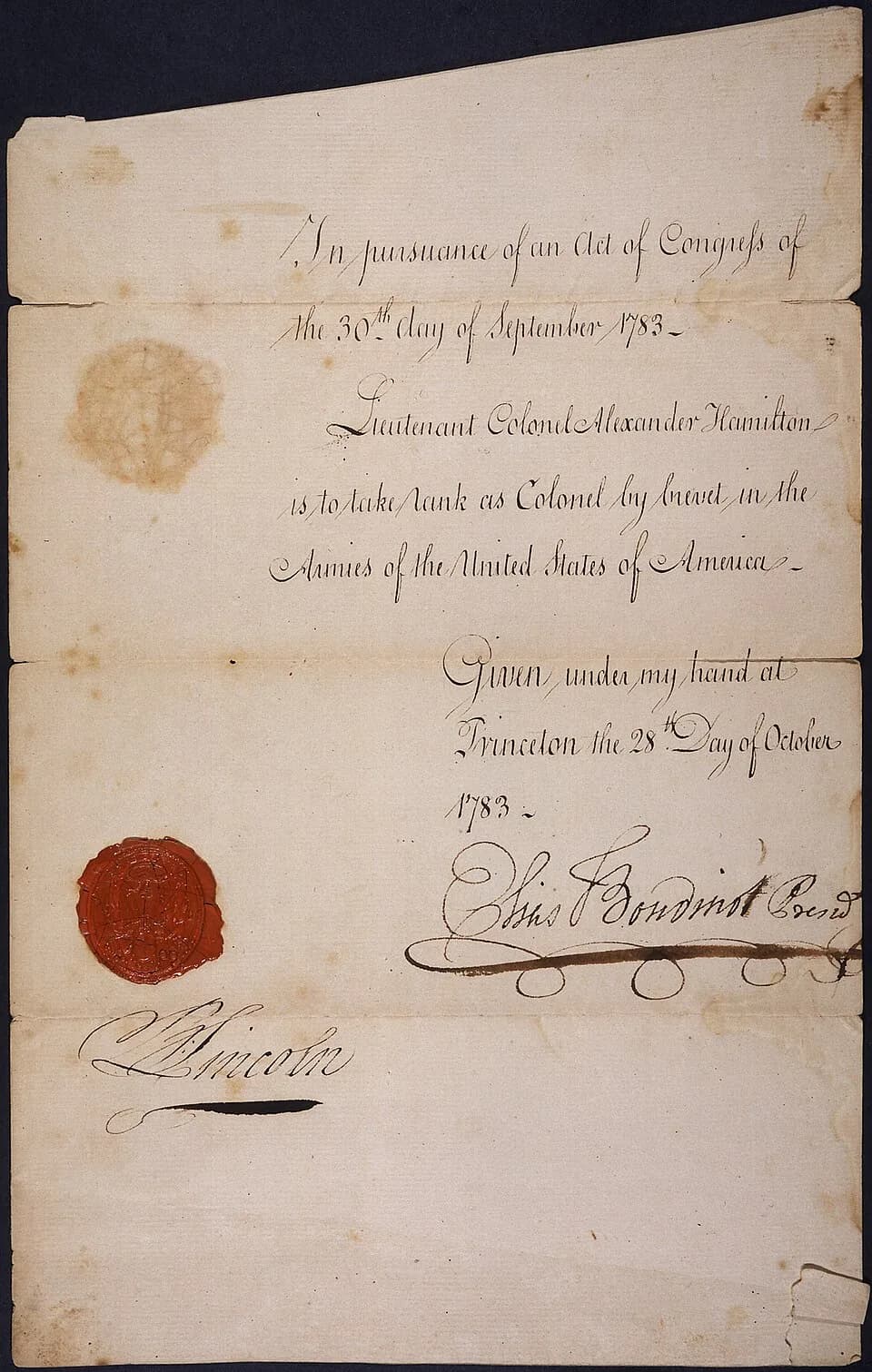 Alexander Hamilton - Alexander Hamilton's commission to take rank as Colonel.jpg