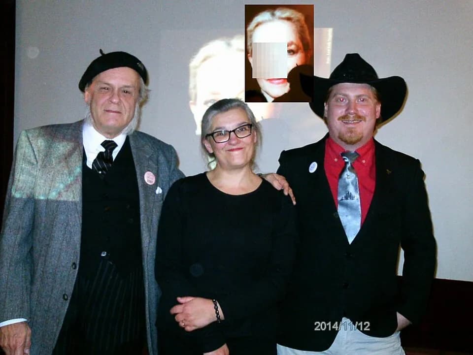 Lauren Bacall - Lars Jacob, Mikaela Kindblom (event hostess) &amp; Emil Eikner at a tribute to Lauren Bacall (whose possibly copyrighed photo has been distorted here)Place: Swedish Film Institute, Sol