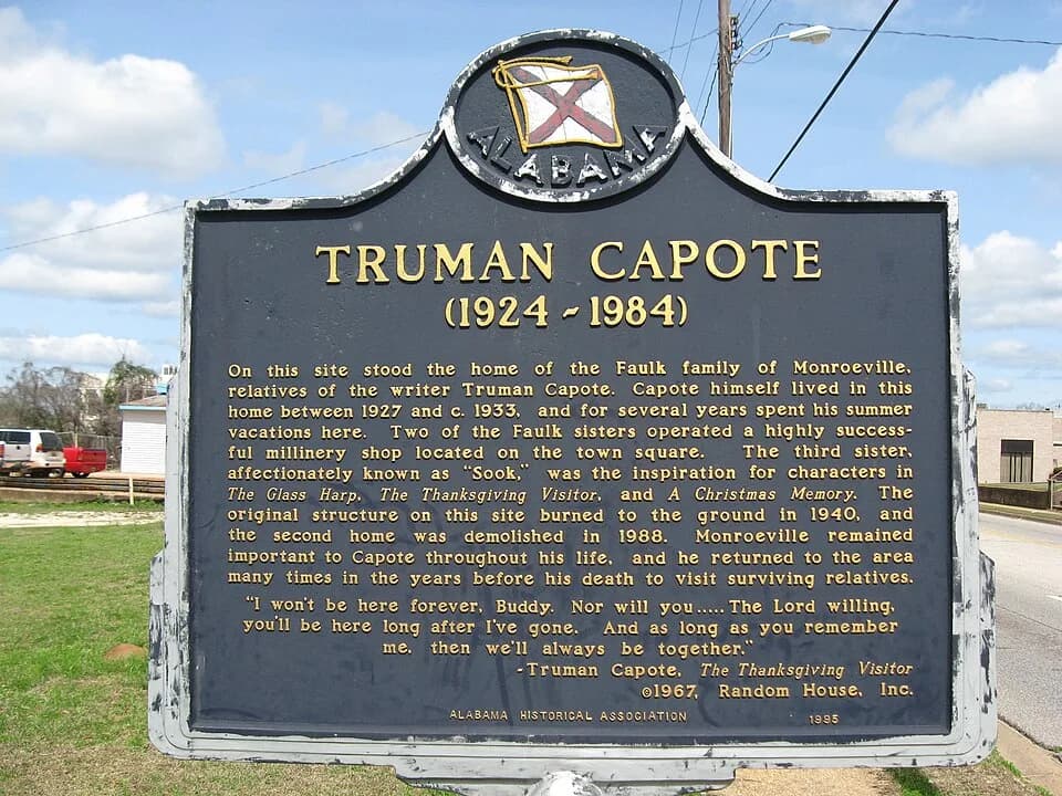 Truman Capote - Historical marker at the site of the house Truman Capote frequently visited in Monroeville, Alabama.