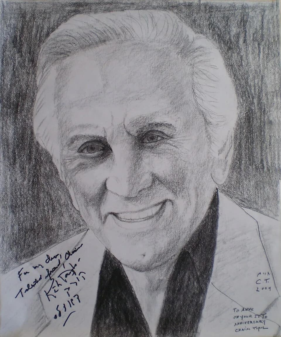 Kirk Douglas - Drawing of Kirk Douglas made by Chaim Topol.
Donated To Commons under cc-by-sa license in honor of Jordan River Village
