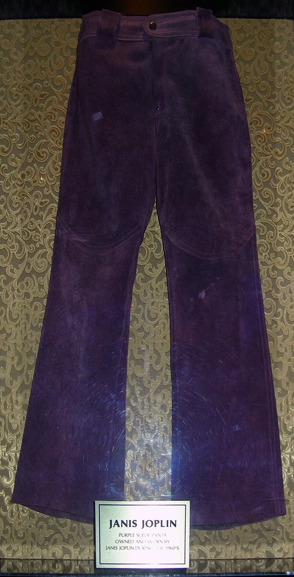 Janis Joplin - Purple suede pants owned and worn by Janis Joplin during 1960s on display at the Hard Rock Cafe Hollywood at Universal CityWalk, California.