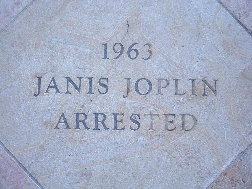 Janis Joplin - A tile commemorating the arrest of Janis Joplin in 1963 in Berkeley, California. Part of a series of tiles at the corner of Shattuck Avenue and Addison Street commemorating notable eve