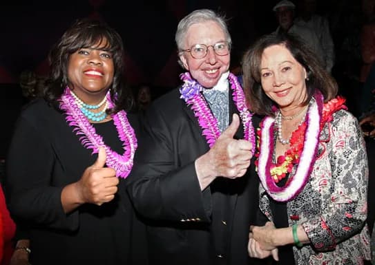Roger Ebert - Roger Ebert and his wife Chaz Hammel-Smith give the thumbs-ups to Nancy Kwan at the Hawaii International Film Festival on October 20, 2010