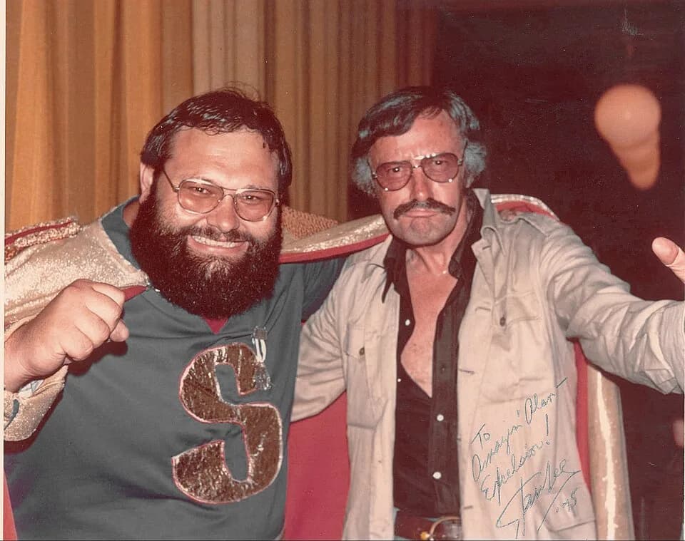 Stan Lee - Marvel Comics' Stan Lee (right) with "Captain Sticky" (Richard Pesta) at the 1975 San Diego ComicCon