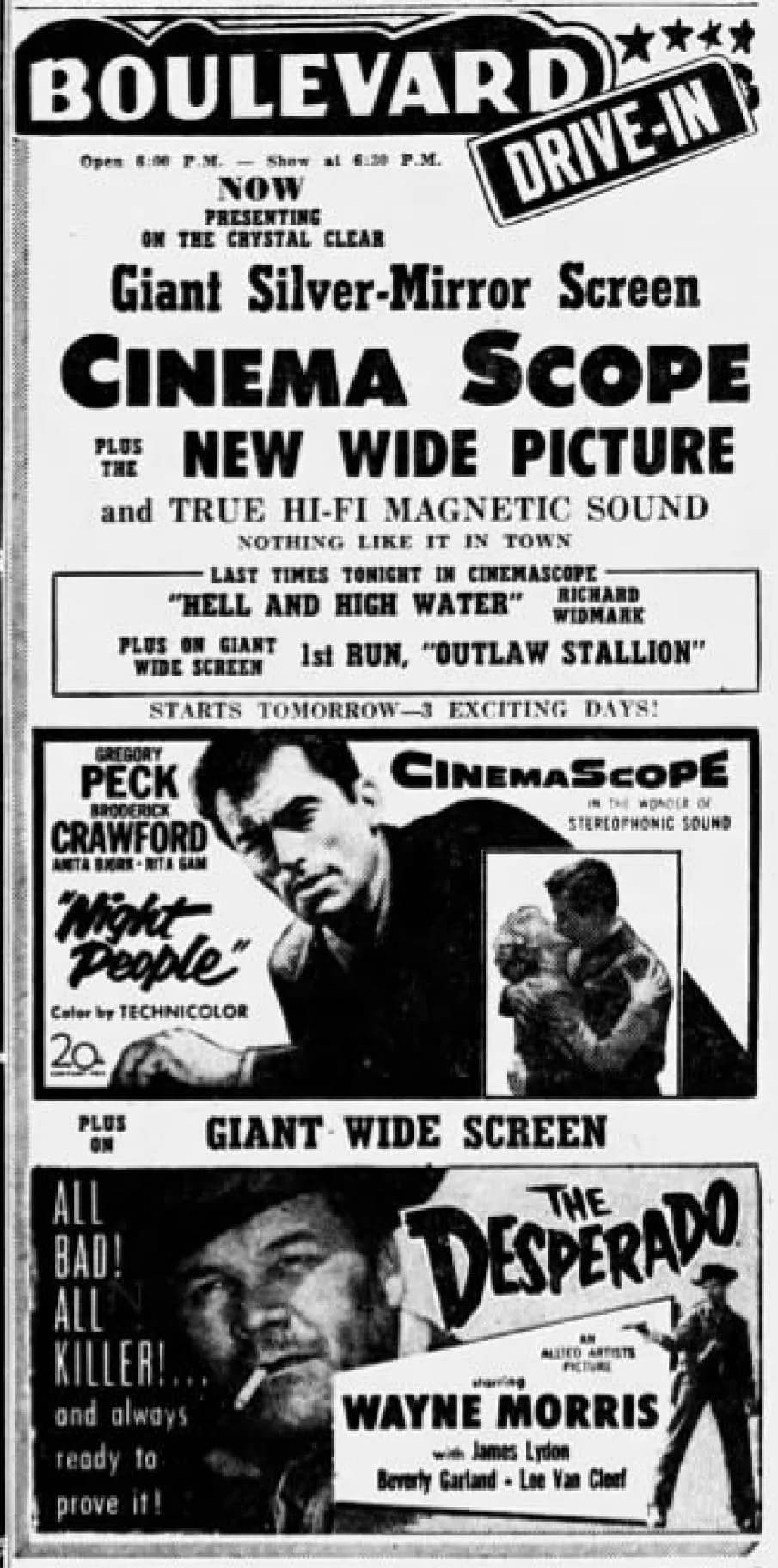 Gregory Peck - Boulevard Drive-In theater advertisement for the American films Night People (1954) and The Desperado (1954) - 16 Aug. 1954 Morning Call, Allentown PA