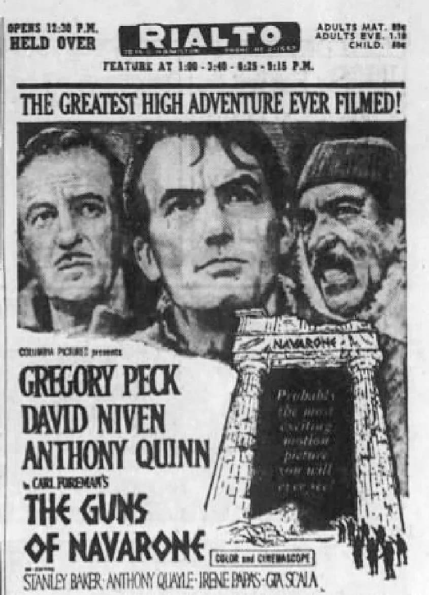 Gregory Peck - Rialto Theater advertisement for the film The Guns of Navarone (1961) - 28 Jul. 1961 Morning Call, Allentown PA