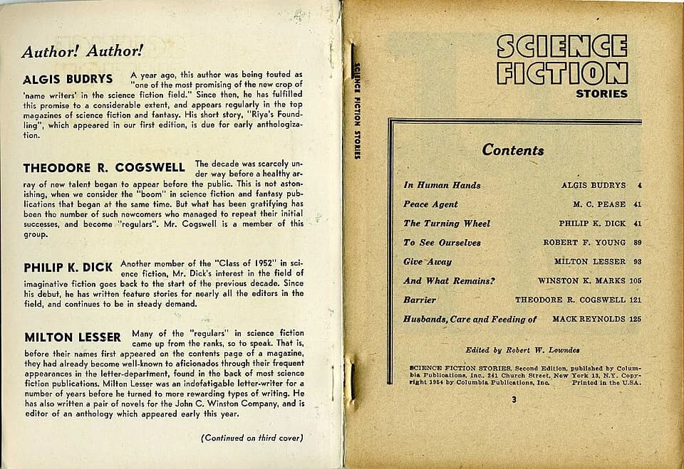 Philip K. Dick - Inside Front Cover and Table Of Contents, Science Fiction Stories No. 2, 1954. Verifies publication of "The Turning Wheel" by Philip K. Dick in this issue of this magazine. Illustrate