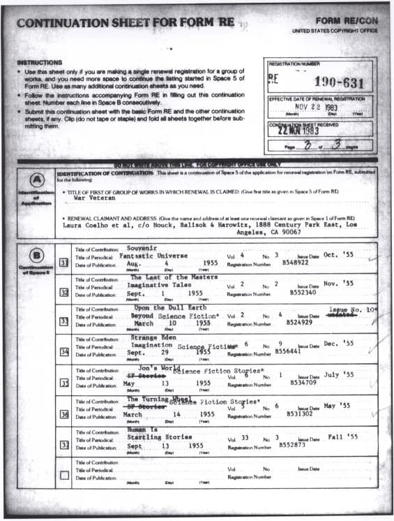 Philip K. Dick - Renewal form RE190-631 page 3 of 3 (front) filed by Reneal Claimants: Laura Coelho, Christopher Dick, and Isa Dick. November 22, 1983. The renewal form lists seven (7) short stories b